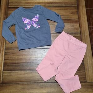 2 Pc Girls Outfit: LS Grey Butterfly Sweatshirt & Pink Pants - Size 5, 5T